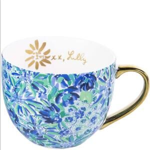 Lilly Pulitzer Blue White Floral Mug Gold Handle Coffee Tea Beachy Coastal
